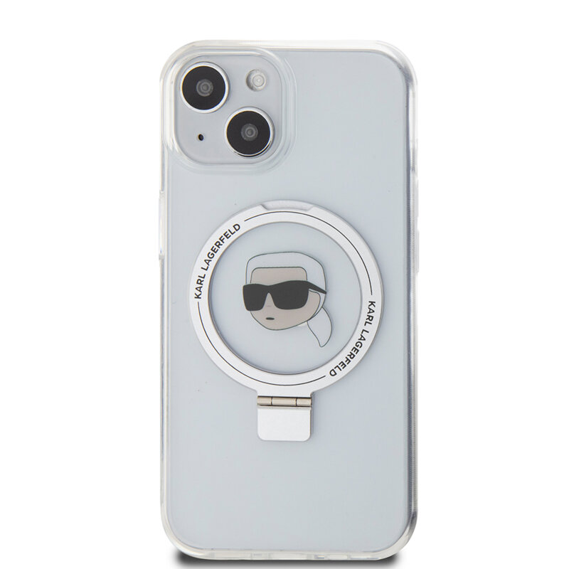 Husa iPhone 15 Karl Lagerfeld Hardcase Ring Stand MagSafe, Karl Head, alb, KLHMP15SHMRSKHH
