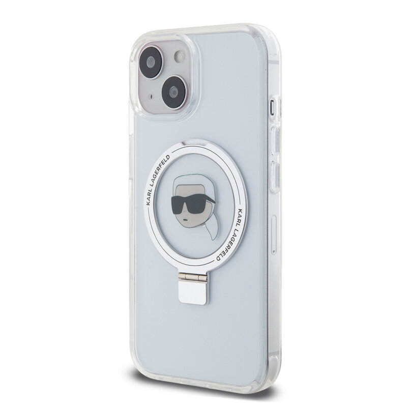 Husa iPhone 15 Karl Lagerfeld Hardcase Ring Stand MagSafe, Karl Head, alb, KLHMP15SHMRSKHH