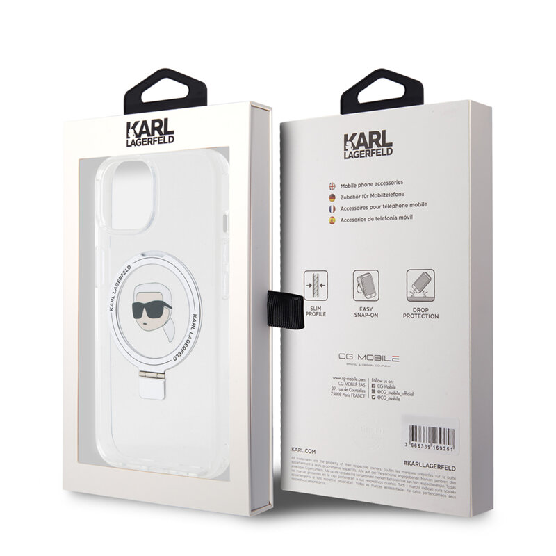 Husa iPhone 15 Karl Lagerfeld Hardcase Ring Stand MagSafe, Karl Head, alb, KLHMP15SHMRSKHH