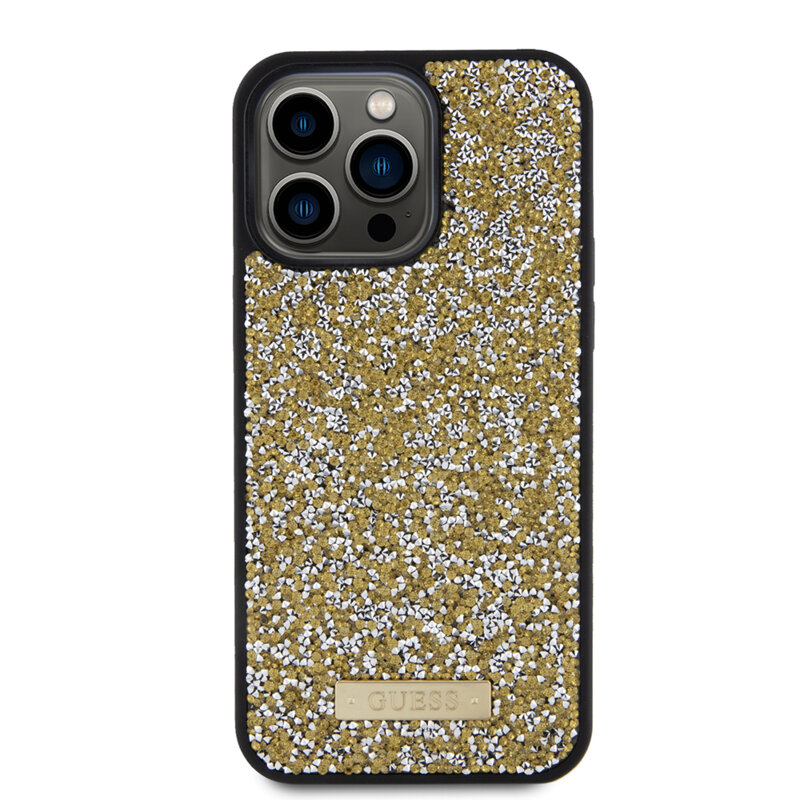 Husa originala Guess iPhone 15 Pro Rhinestone Metal Logo, galben, GUHCP15XPFGSBSD