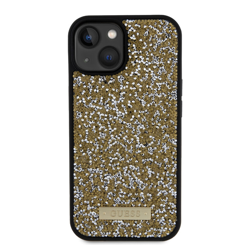 Husa originala Guess iPhone 15 Rhinestone Metal Logo, galben, GUHCP15SPFGSBSD