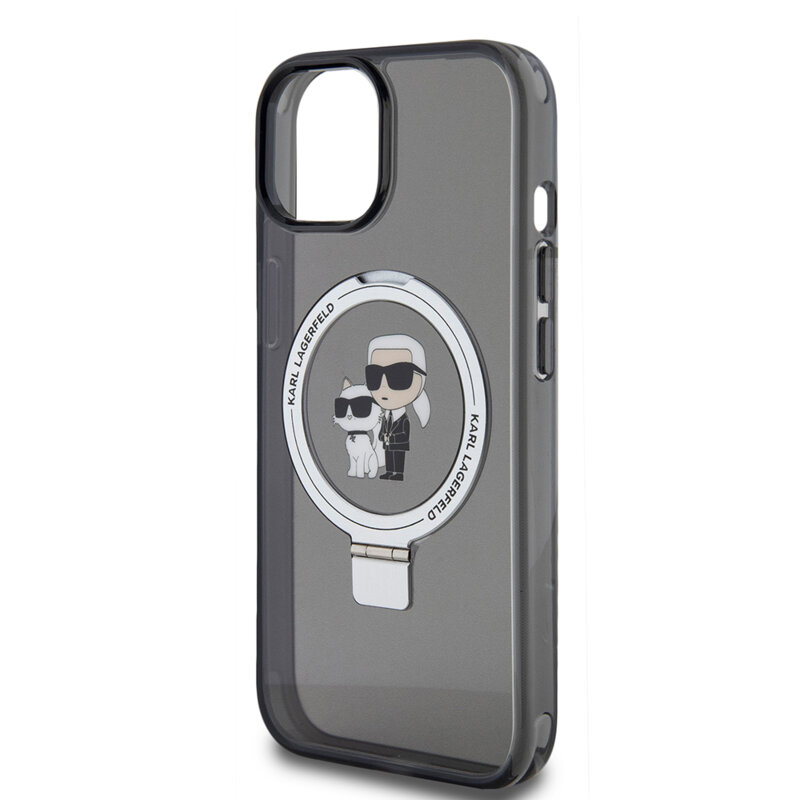 Husa iPhone 15 Karl Lagerfeld Hardcase Ring Stand MagSafe, Karl&Choupette, negru, KLHMP15SHMRSKCK