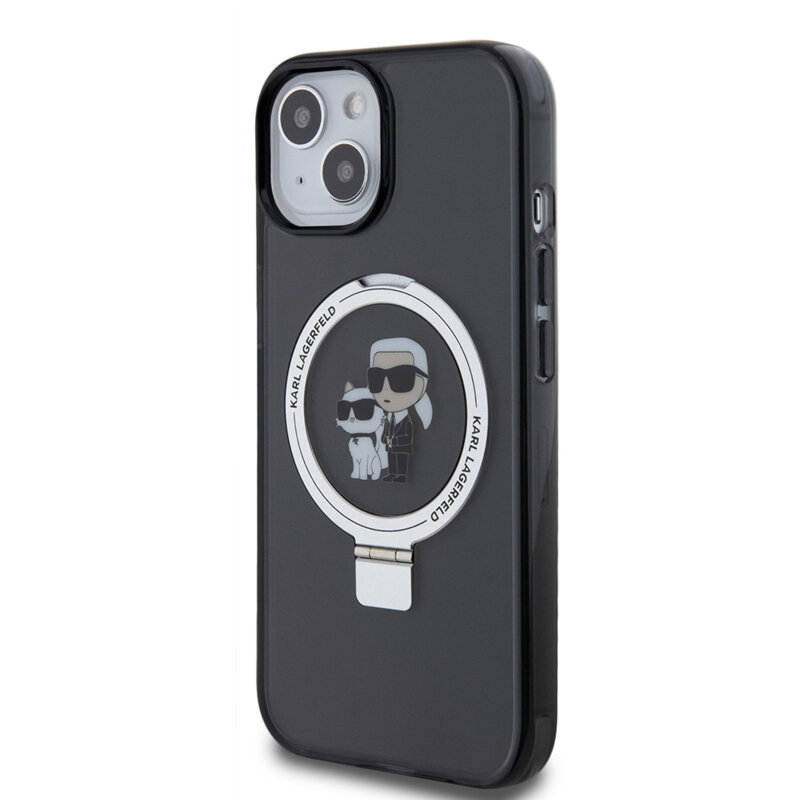 Husa iPhone 15 Karl Lagerfeld Hardcase Ring Stand MagSafe, Karl&Choupette, negru, KLHMP15SHMRSKCK