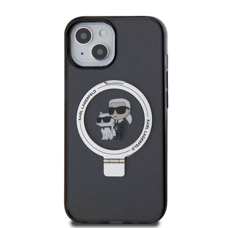 Husa iPhone 15 Karl Lagerfeld Hardcase Ring Stand MagSafe, Karl&Choupette, negru, KLHMP15SHMRSKCK