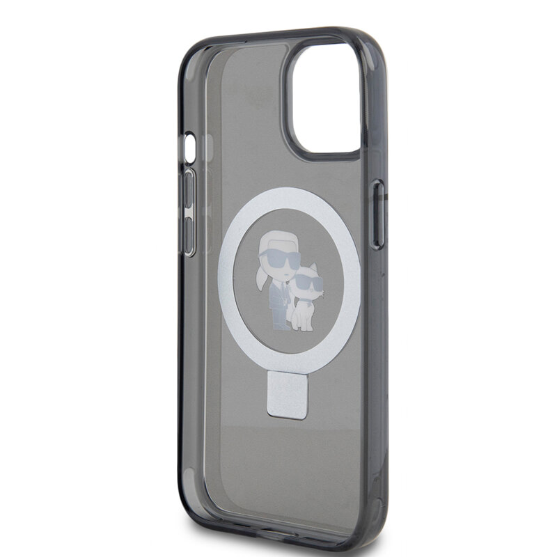 Husa iPhone 15 Karl Lagerfeld Hardcase Ring Stand MagSafe, Karl&Choupette, negru, KLHMP15SHMRSKCK