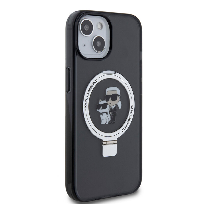 Husa iPhone 15 Karl Lagerfeld Hardcase Ring Stand MagSafe, Karl&Choupette, negru, KLHMP15SHMRSKCK