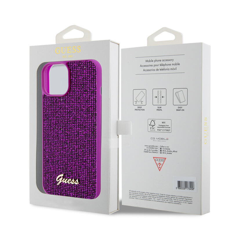 Husa originala Guess iPhone 15 Disco Metal Script, fucsia, GUHCP15SPMSDGSF