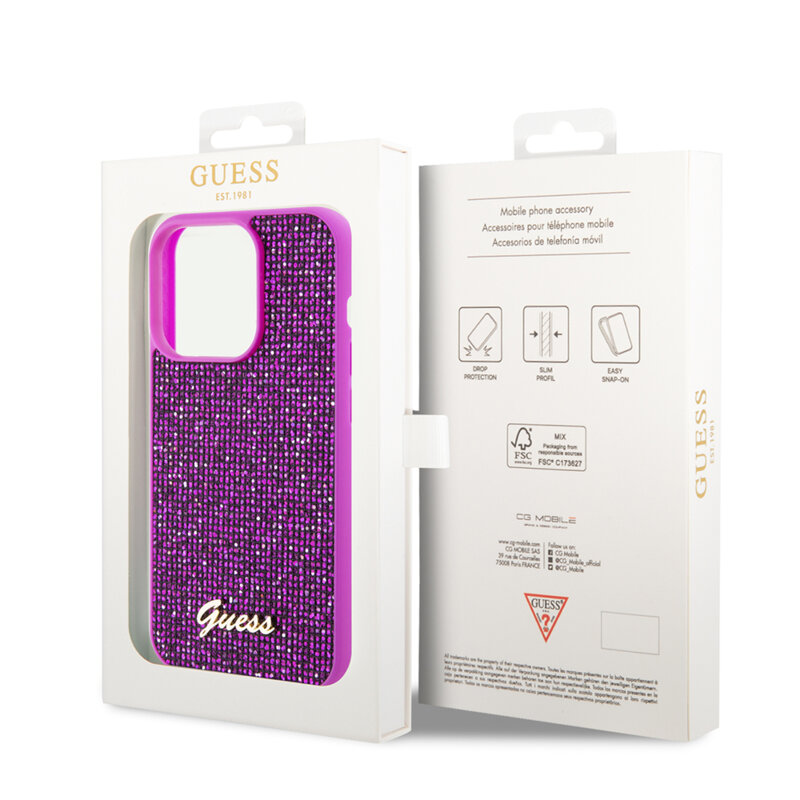 Husa originala Guess iPhone 15 Pro Disco Metal Script, fucsia, GUHCP15LPMSDGSF