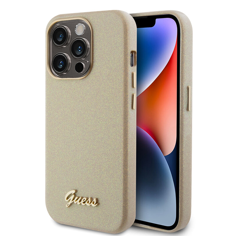 Husa Guess Glitter Glossy Script iPhone 15 Pro cu sclipici, bej, GUHCP15LPGMCSD