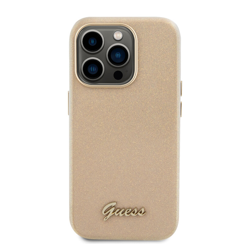 Husa Guess Glitter Glossy Script iPhone 15 Pro cu sclipici, bej, GUHCP15LPGMCSD