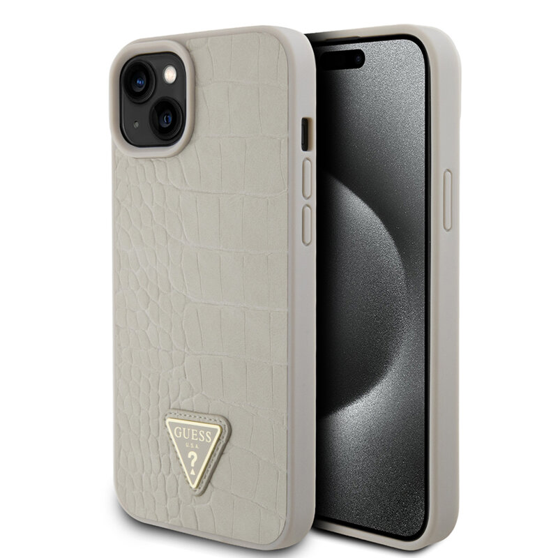Husa originala Guess iPhone 15 Croco Triangle Metal Logo, auriu, GUHCP15SPCRTHCD