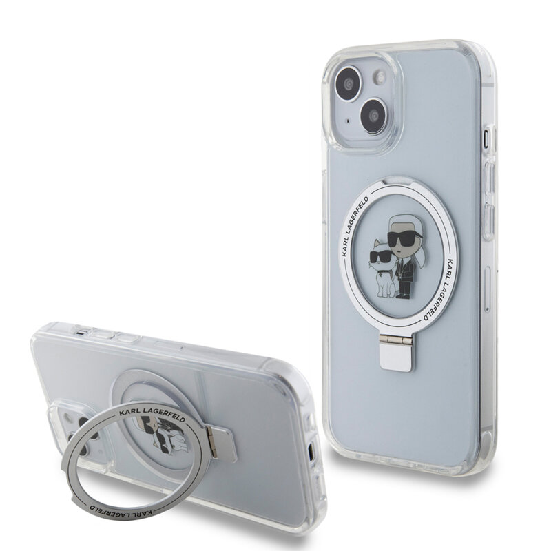 Husa iPhone 15 Karl Lagerfeld Hardcase Ring Stand MagSafe, Karl&Choupette, alb, KLHMP15SHMRSKCH