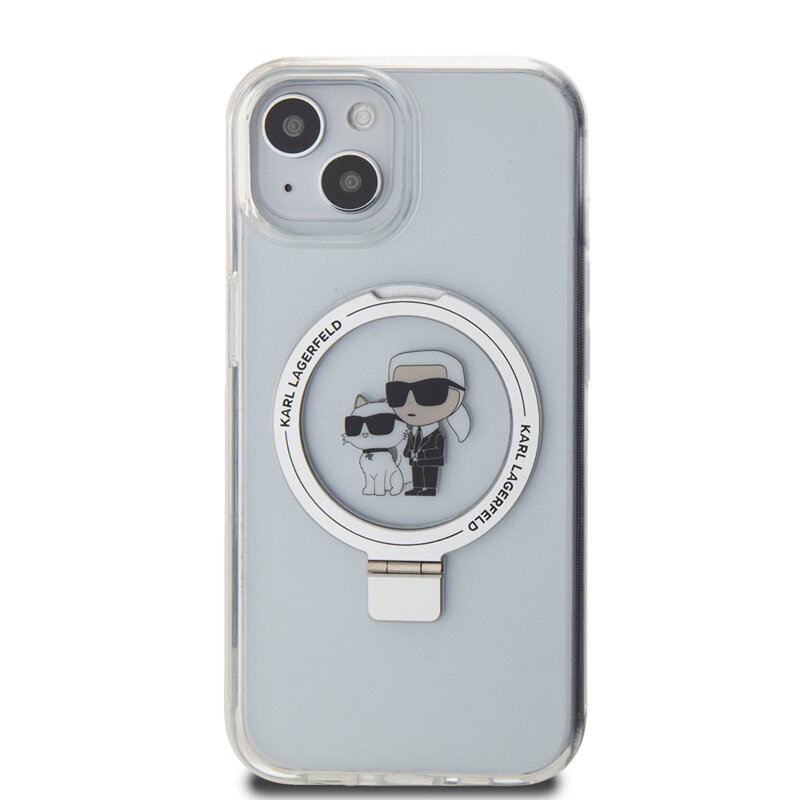 Husa iPhone 15 Karl Lagerfeld Hardcase Ring Stand MagSafe, Karl&Choupette, alb, KLHMP15SHMRSKCH
