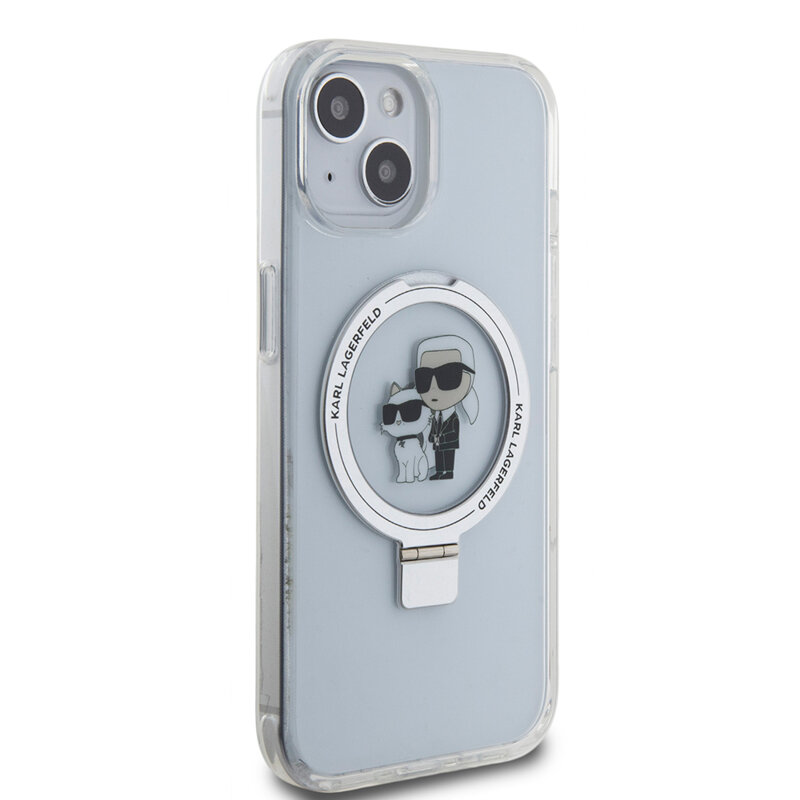 Husa iPhone 15 Karl Lagerfeld Hardcase Ring Stand MagSafe, Karl&Choupette, alb, KLHMP15SHMRSKCH
