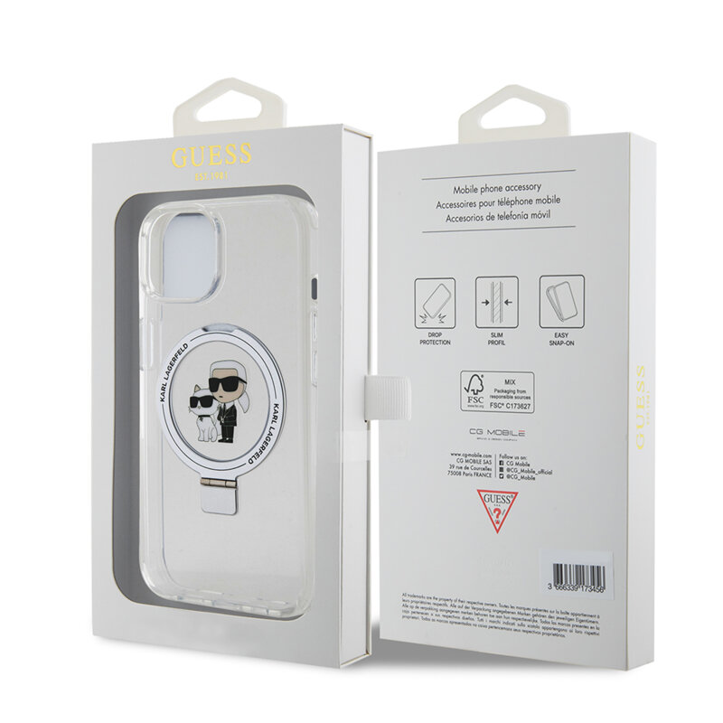 Husa iPhone 15 Karl Lagerfeld Hardcase Ring Stand MagSafe, Karl&Choupette, alb, KLHMP15SHMRSKCH