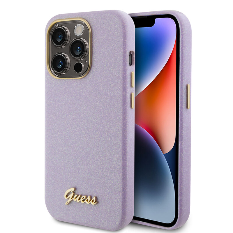 Husa Guess Glitter Glossy Script iPhone 15 Pro cu sclipici, violet, GUHCP15LPGMCSL