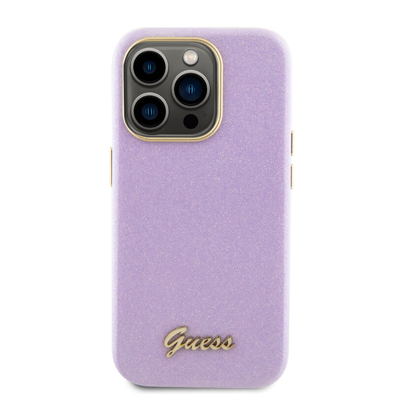 Husa Guess Glitter Glossy Script iPhone 15 Pro cu sclipici, violet, GUHCP15LPGMCSL