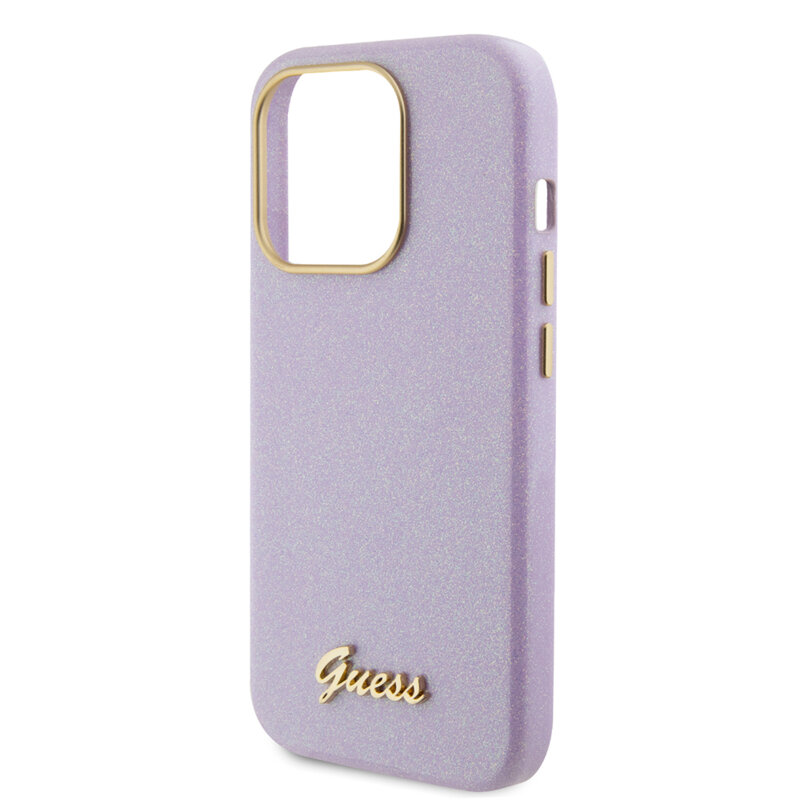 Husa Guess Glitter Glossy Script iPhone 15 Pro cu sclipici, violet, GUHCP15LPGMCSL