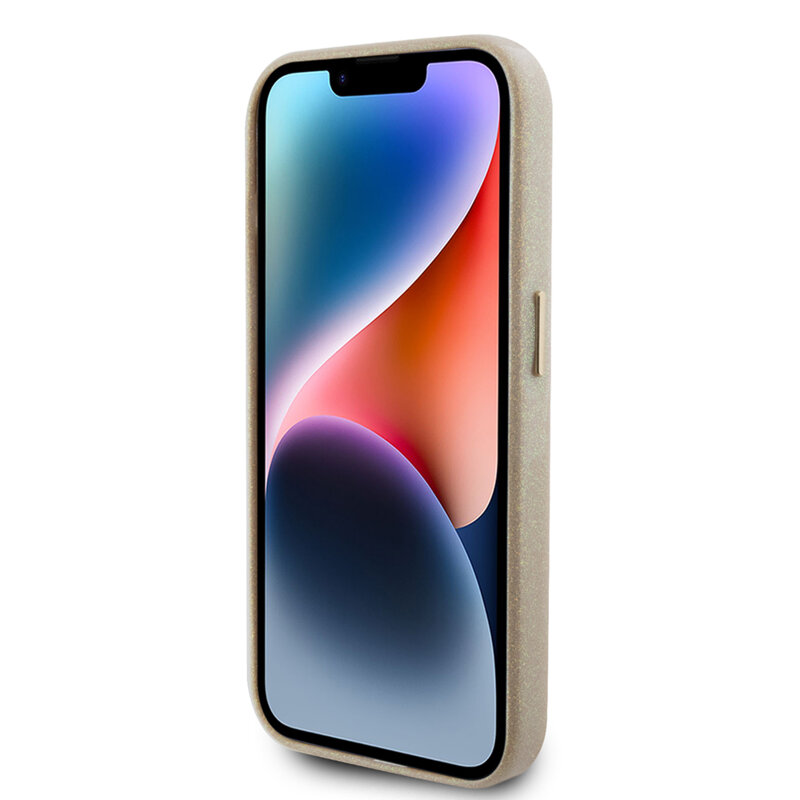 Husa Guess Glitter Glossy Script iPhone 15 Pro Max cu sclipici, bej, GUHCP15XPGMCSD