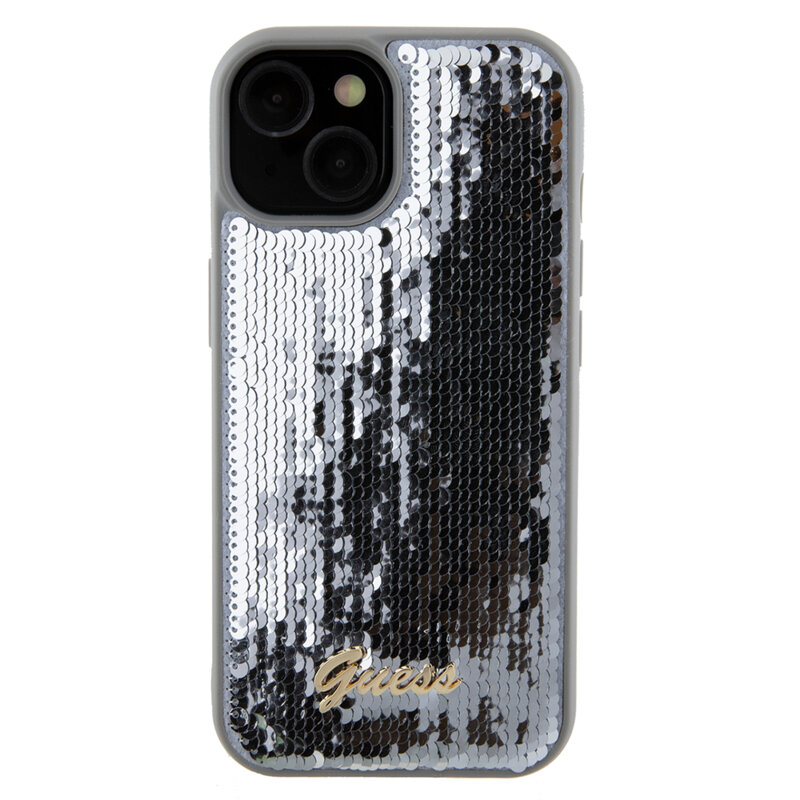 Husa originala Guess iPhone 15 Sequin Script Metal, argintiu, GUHCP15SPSFDGSS