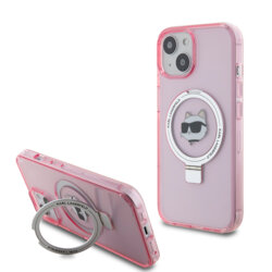 Husa iPhone 15 Karl Lagerfeld Hardcase Ring Stand MagSafe, Choupette Head, roz, KLHMP15SHMRSCHP