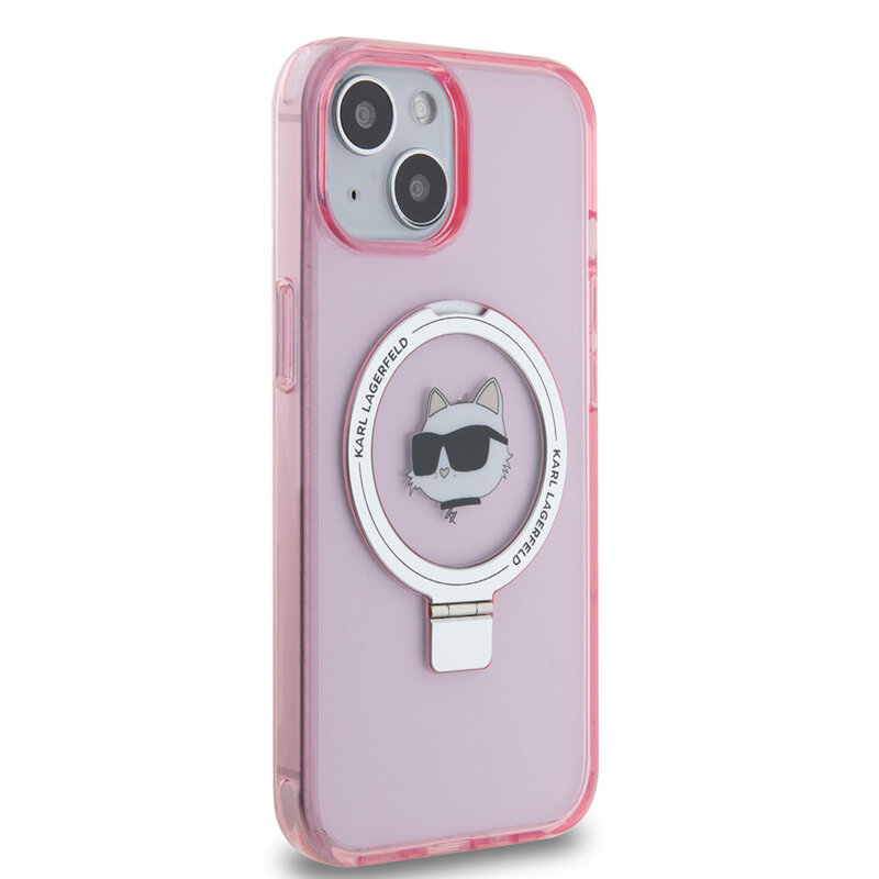 Husa iPhone 15 Karl Lagerfeld Hardcase Ring Stand MagSafe, Choupette Head, roz, KLHMP15SHMRSCHP