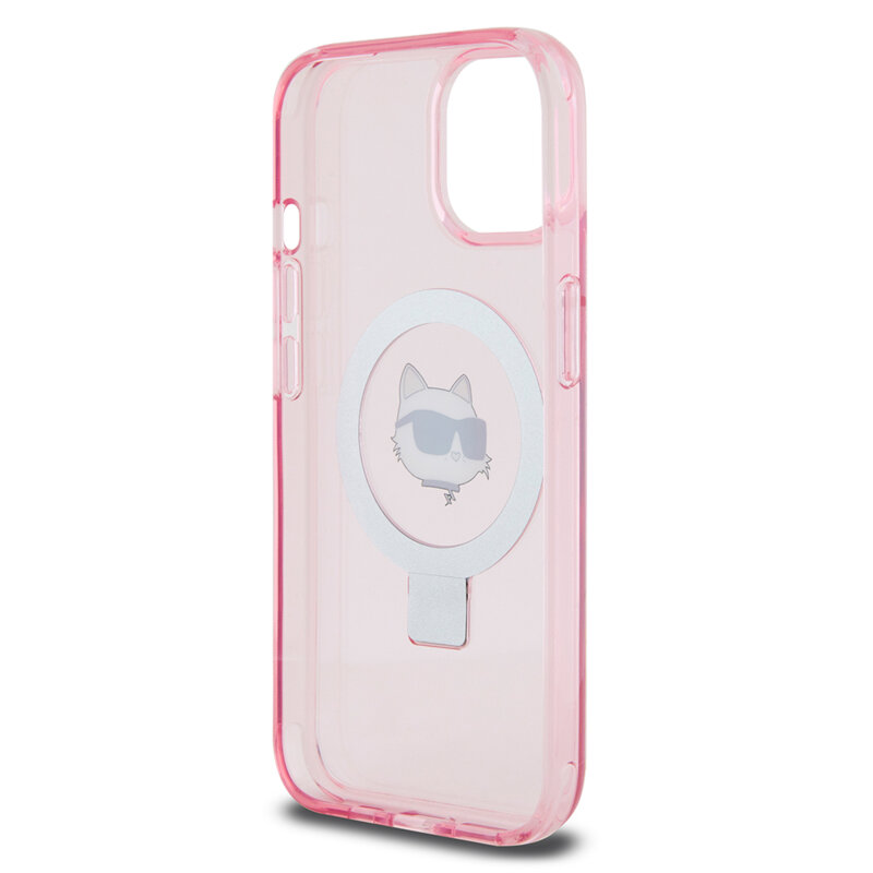 Husa iPhone 15 Karl Lagerfeld Hardcase Ring Stand MagSafe, Choupette Head, roz, KLHMP15SHMRSCHP