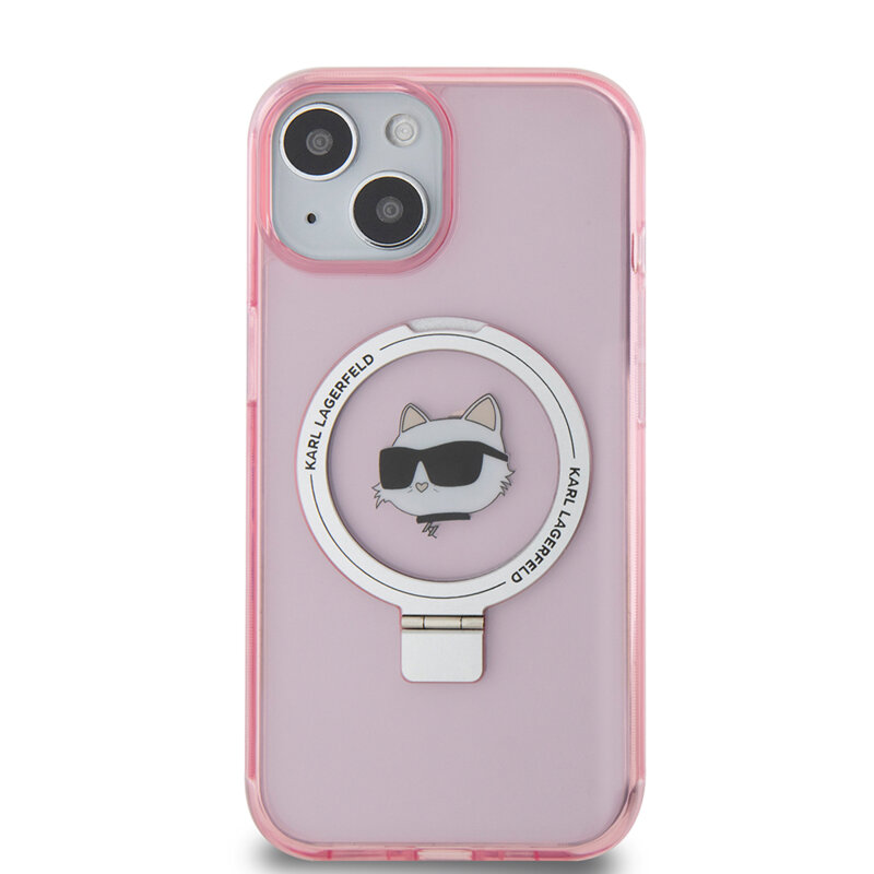 Husa iPhone 15 Karl Lagerfeld Hardcase Ring Stand MagSafe, Choupette Head, roz, KLHMP15SHMRSCHP
