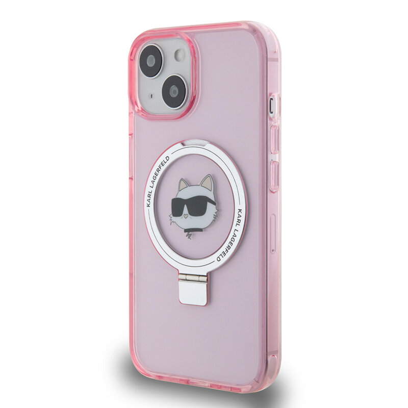 Husa iPhone 15 Karl Lagerfeld Hardcase Ring Stand MagSafe, Choupette Head, roz, KLHMP15SHMRSCHP