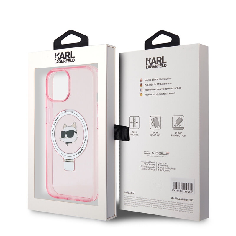 Husa iPhone 15 Karl Lagerfeld Hardcase Ring Stand MagSafe, Choupette Head, roz, KLHMP15SHMRSCHP