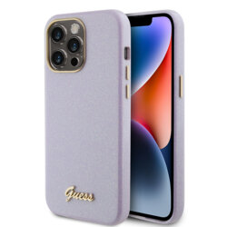 Husa Guess Glitter Glossy Script iPhone 15 Pro Max cu sclipici, violet, GUHCP15XPGMCSL