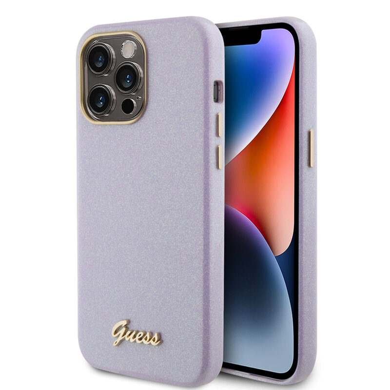 Husa Guess Glitter Glossy Script iPhone 15 Pro Max cu sclipici, violet, GUHCP15XPGMCSL
