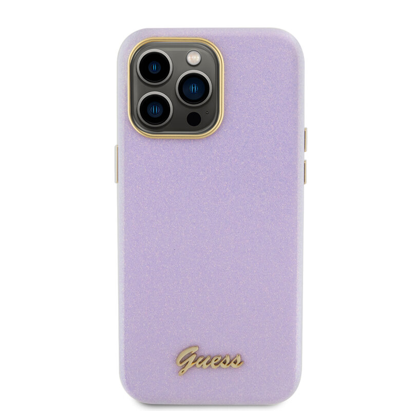 Husa Guess Glitter Glossy Script iPhone 15 Pro Max cu sclipici, violet, GUHCP15XPGMCSL