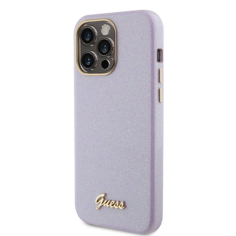 Husa Guess Glitter Glossy Script iPhone 15 Pro Max cu sclipici, violet, GUHCP15XPGMCSL