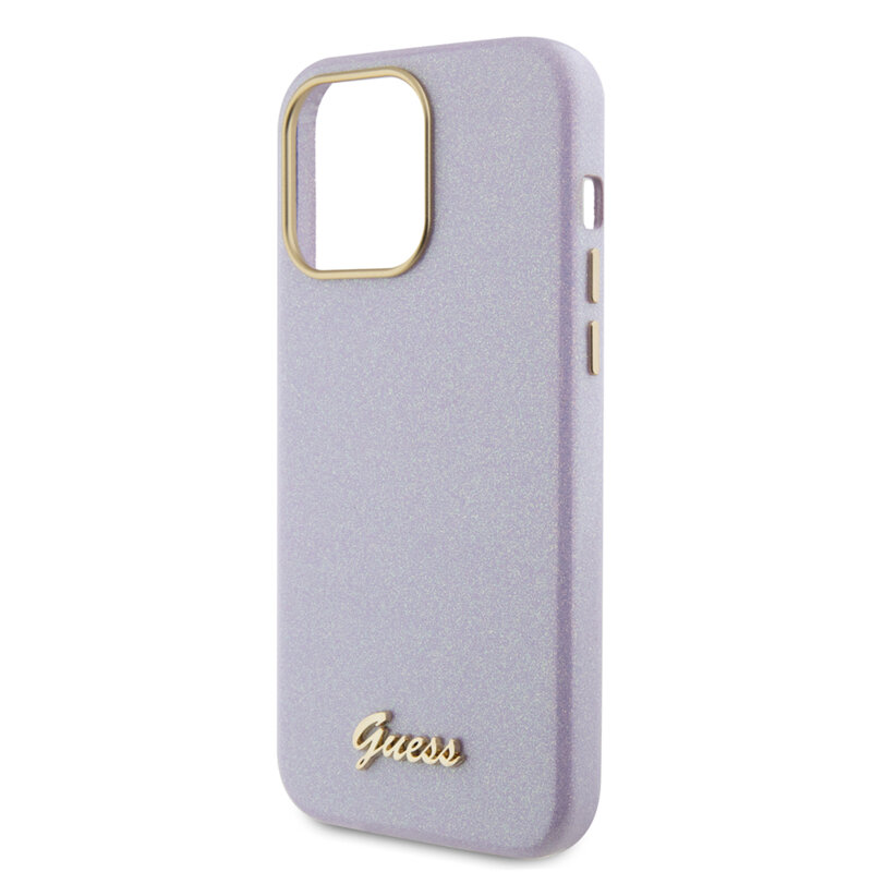 Husa Guess Glitter Glossy Script iPhone 15 Pro Max cu sclipici, violet, GUHCP15XPGMCSL