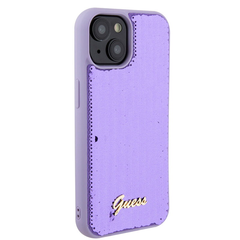 Husa originala Guess iPhone 15 Sequin Script Metal, mov,  GUHCP15SPSFDGSU