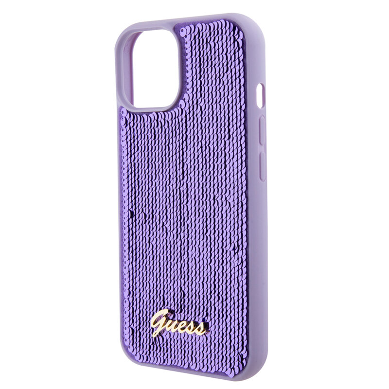 Husa originala Guess iPhone 15 Sequin Script Metal, mov,  GUHCP15SPSFDGSU
