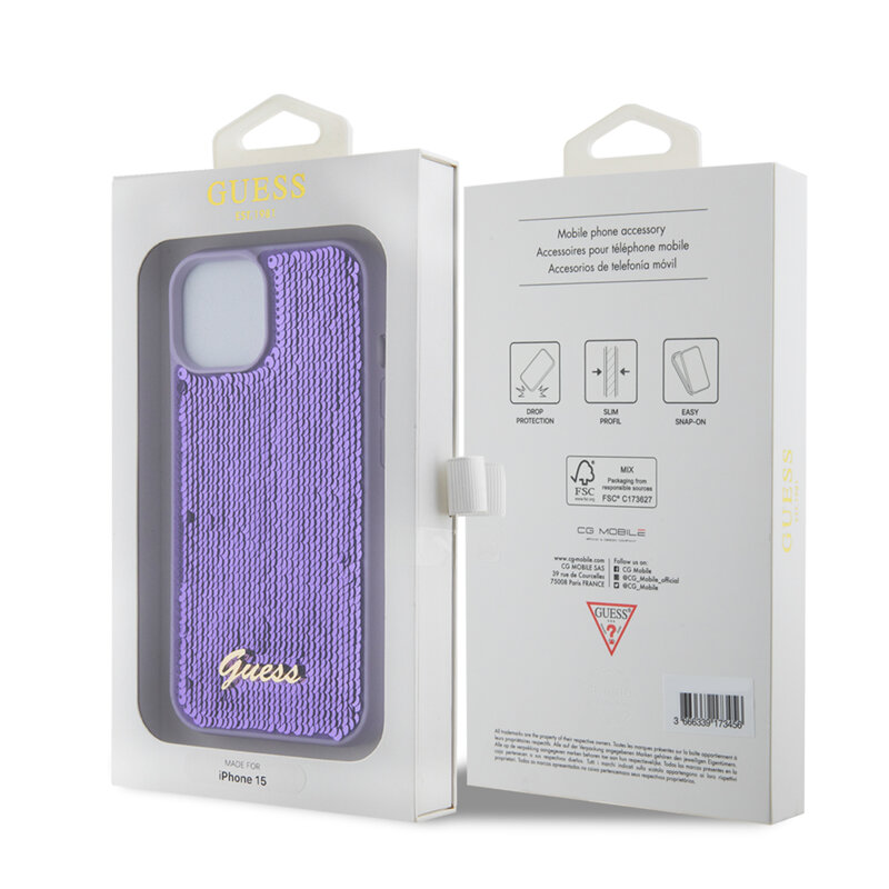 Husa originala Guess iPhone 15 Sequin Script Metal, mov,  GUHCP15SPSFDGSU