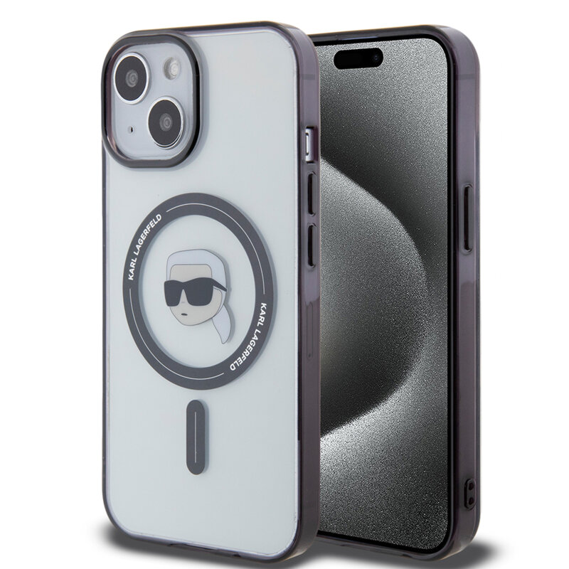 Husa iPhone 15 Karl Lagerfeld IML MagSafe, Karl`s Head, transparenta, KLHMP15SHKHNOTK