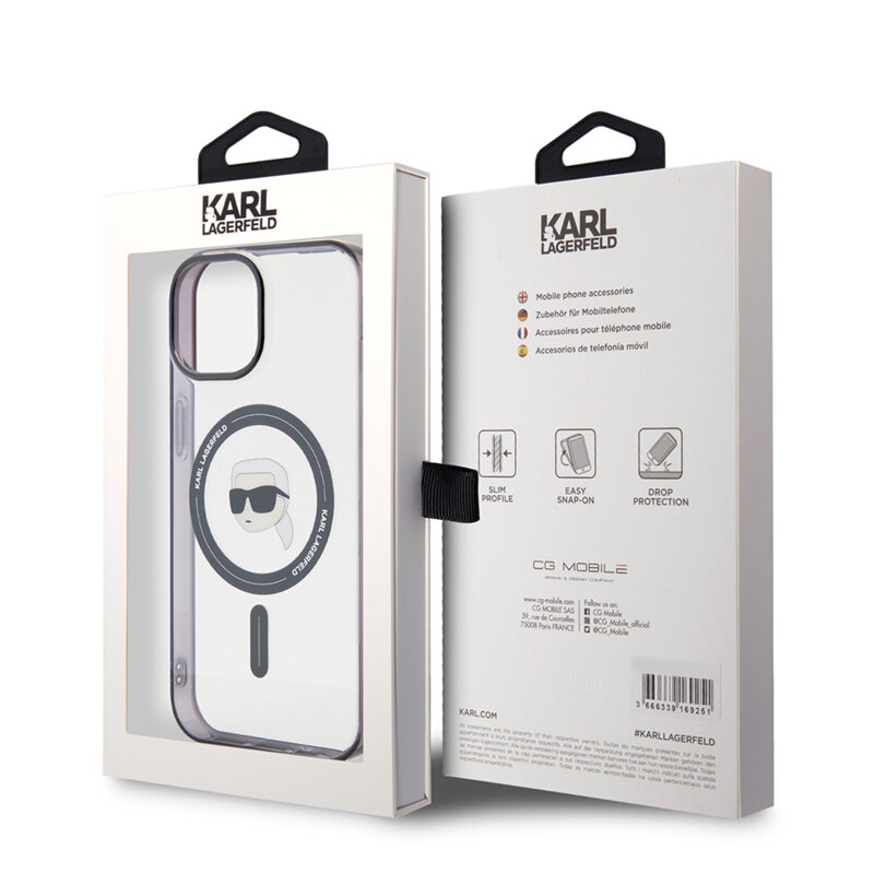 Husa iPhone 15 Karl Lagerfeld IML MagSafe, Karl`s Head, transparenta, KLHMP15SHKHNOTK