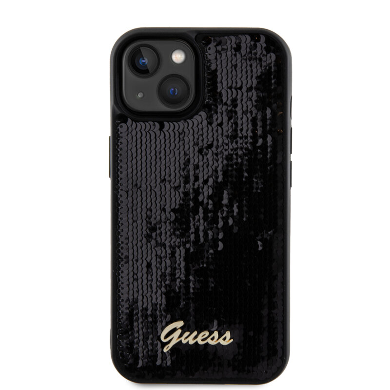 Husa originala Guess iPhone 15 Sequin Script Metal, negru, GUHCP15SPSFDGSK