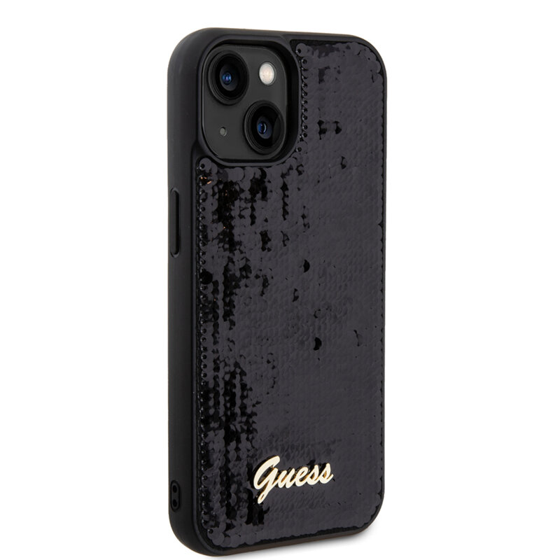 Husa originala Guess iPhone 15 Sequin Script Metal, negru, GUHCP15SPSFDGSK
