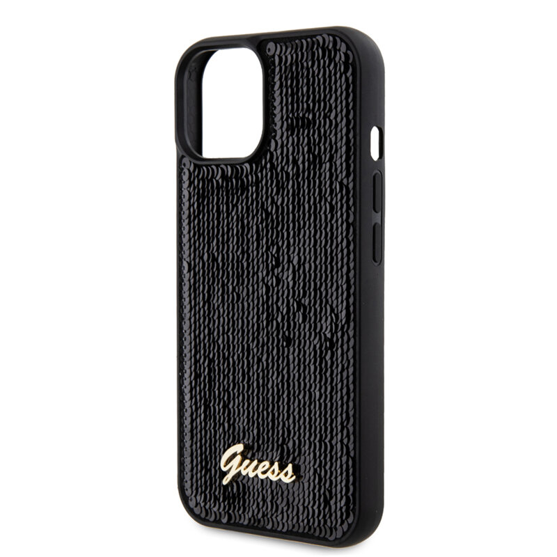 Husa originala Guess iPhone 15 Sequin Script Metal, negru, GUHCP15SPSFDGSK