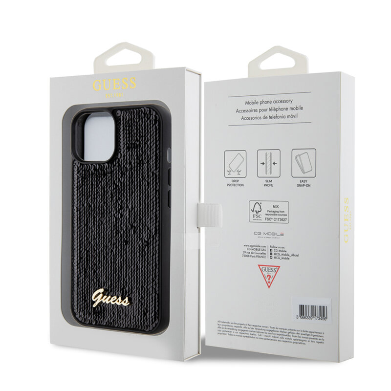 Husa originala Guess iPhone 15 Sequin Script Metal, negru, GUHCP15SPSFDGSK