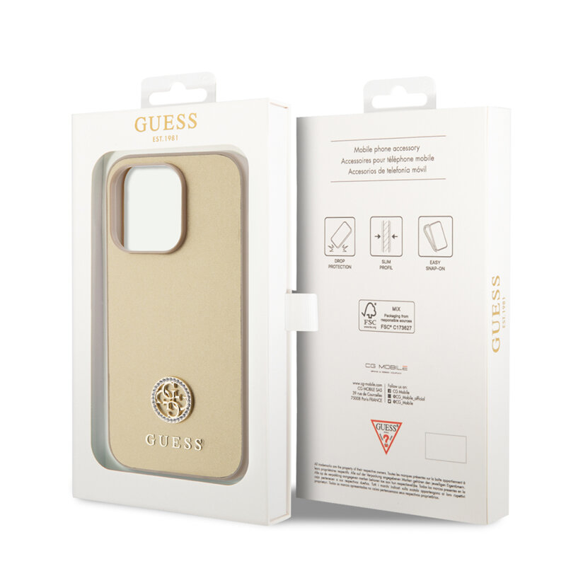 Husa originala Guess iPhone 15 Pro Strass Metal Logo, auriu, GUHCP15LPS4DGPD