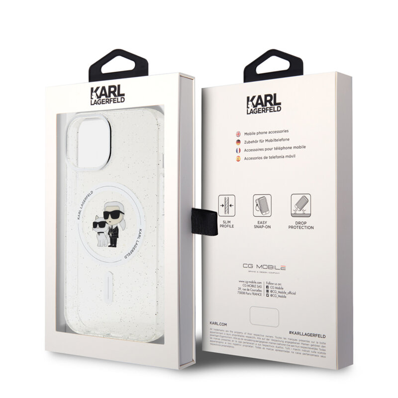 Husa Karl Lagerfeld iPhone 15 Glitter MagSafe, Karl&Choupette, clear, KLHMP15SHGKCNOT