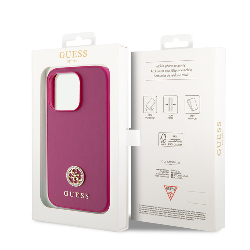 Husa originala Guess iPhone 15 Pro Strass Metal Logo, roz, GUHCP15LPS4DGPP