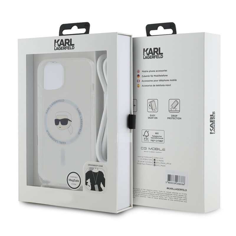 Husa iPhone 15 Karl Lagerfeld IML Crossbody MagSafe, Karl Head, clear, KLHMP15SHCKHNT