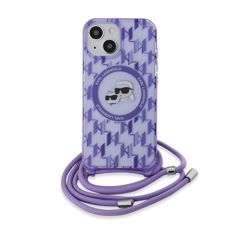Husa iPhone 15 Karl Lagerfeld IML Crossbody MagSafe, Monogram Karl&Choupette Head, mov, KLHMP15SHCKCKLCU