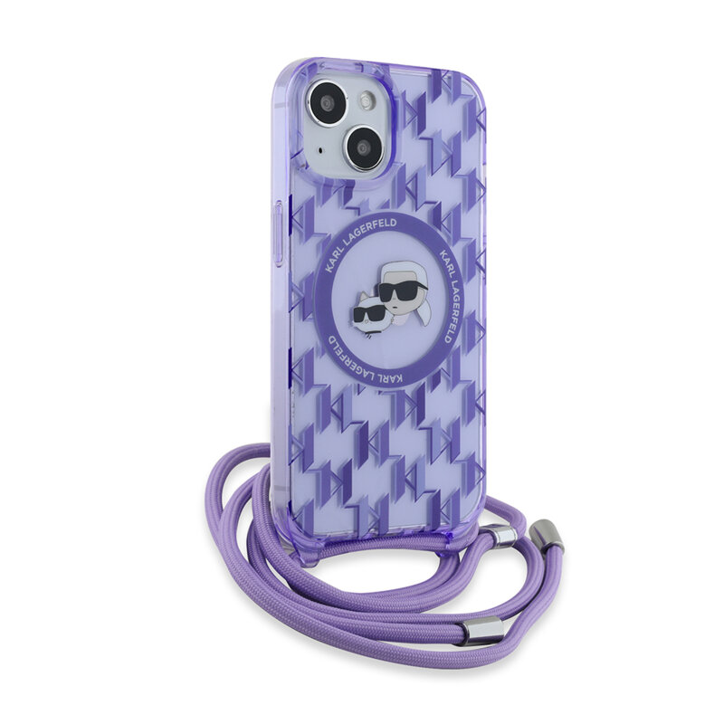 Husa iPhone 15 Karl Lagerfeld IML Crossbody MagSafe, Monogram Karl&Choupette Head, mov, KLHMP15SHCKCKLCU